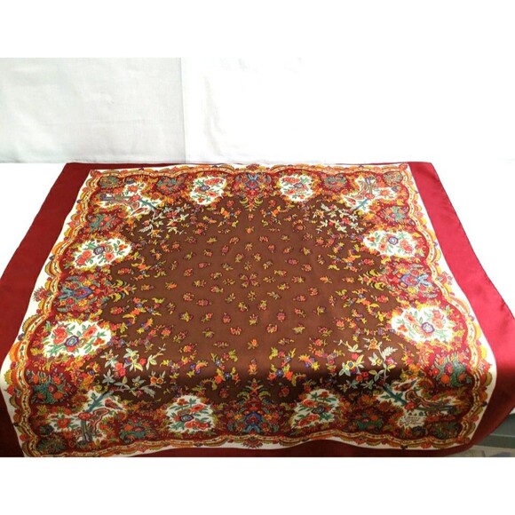 Liberty of London 100% Silk Twill Red Brown Floral Foulard Border Scarf 23"X23" - Picture 10 of 16